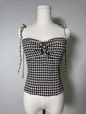 Reformation Gingham Lace-Trim Tie-Strap Bustier Top